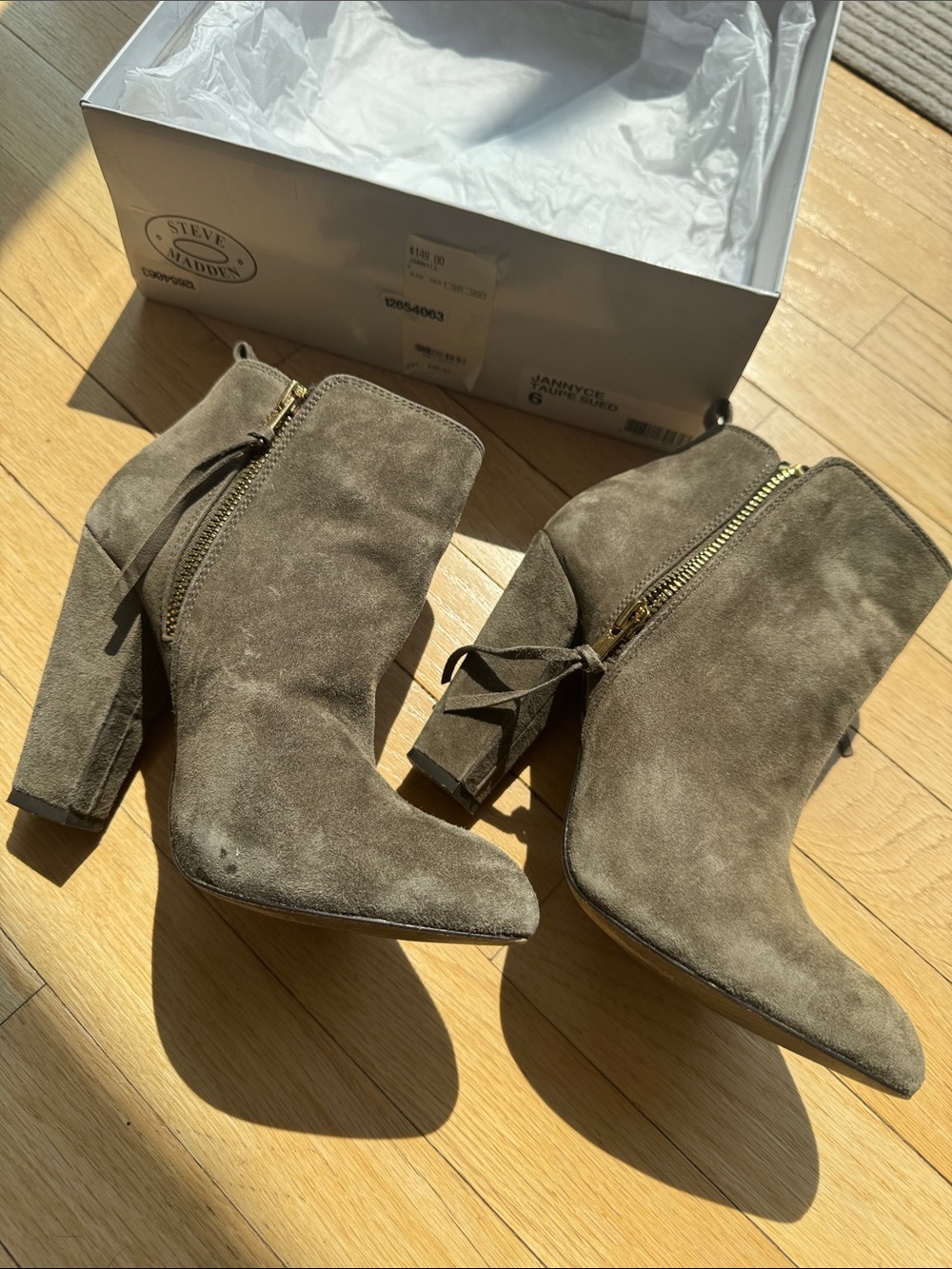 Steve Madden Taupe Suede Block-Heel Ankle Booties with Side Zips (Jannyce)